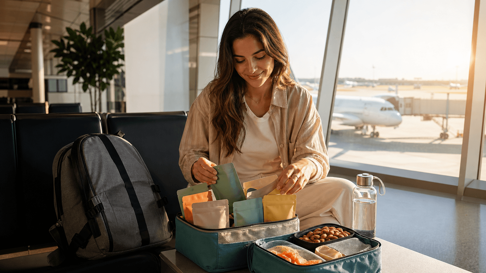 Open backpack with colorful vegan snacks, fruit, wraps, and reusable containers on a sunlit wooden table