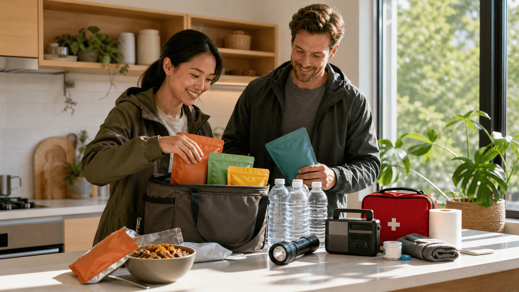 Plant-based emergency meal pouches, canned beans, and a flashlight arranged in a bright green survival kit.