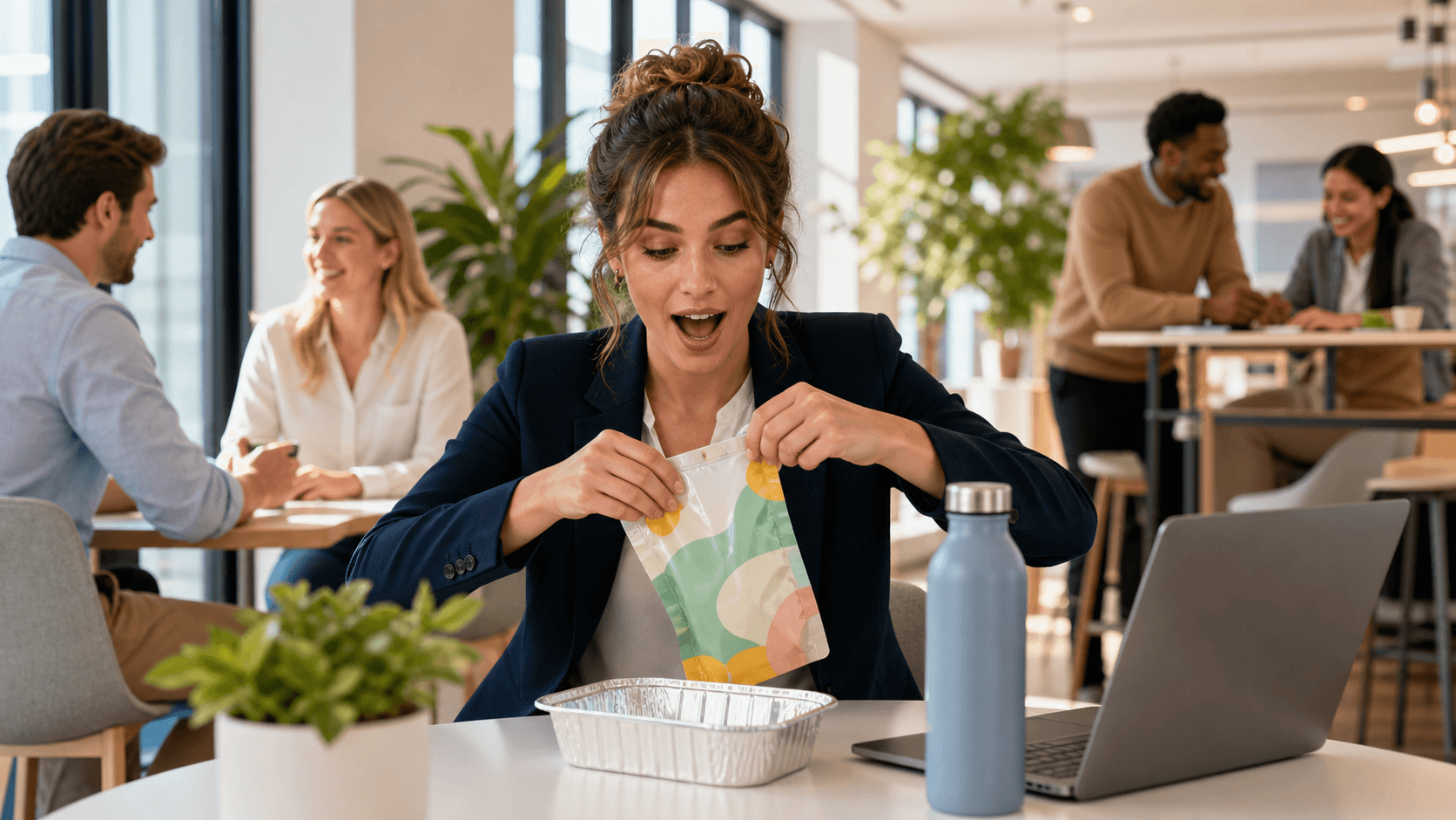 A shelf-stable meal pouch, crackers, and bottled water arranged on a bright office desk beside a laptop.